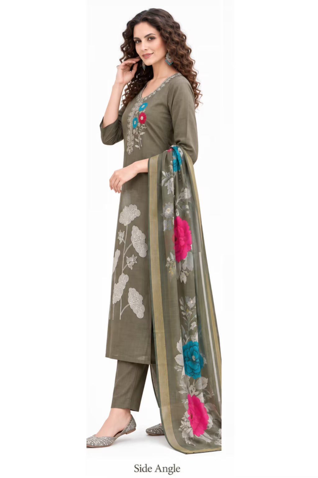 Mushroom Brown Embroidered Vertican Silk Kurta Pant Set with Digital Dupatta