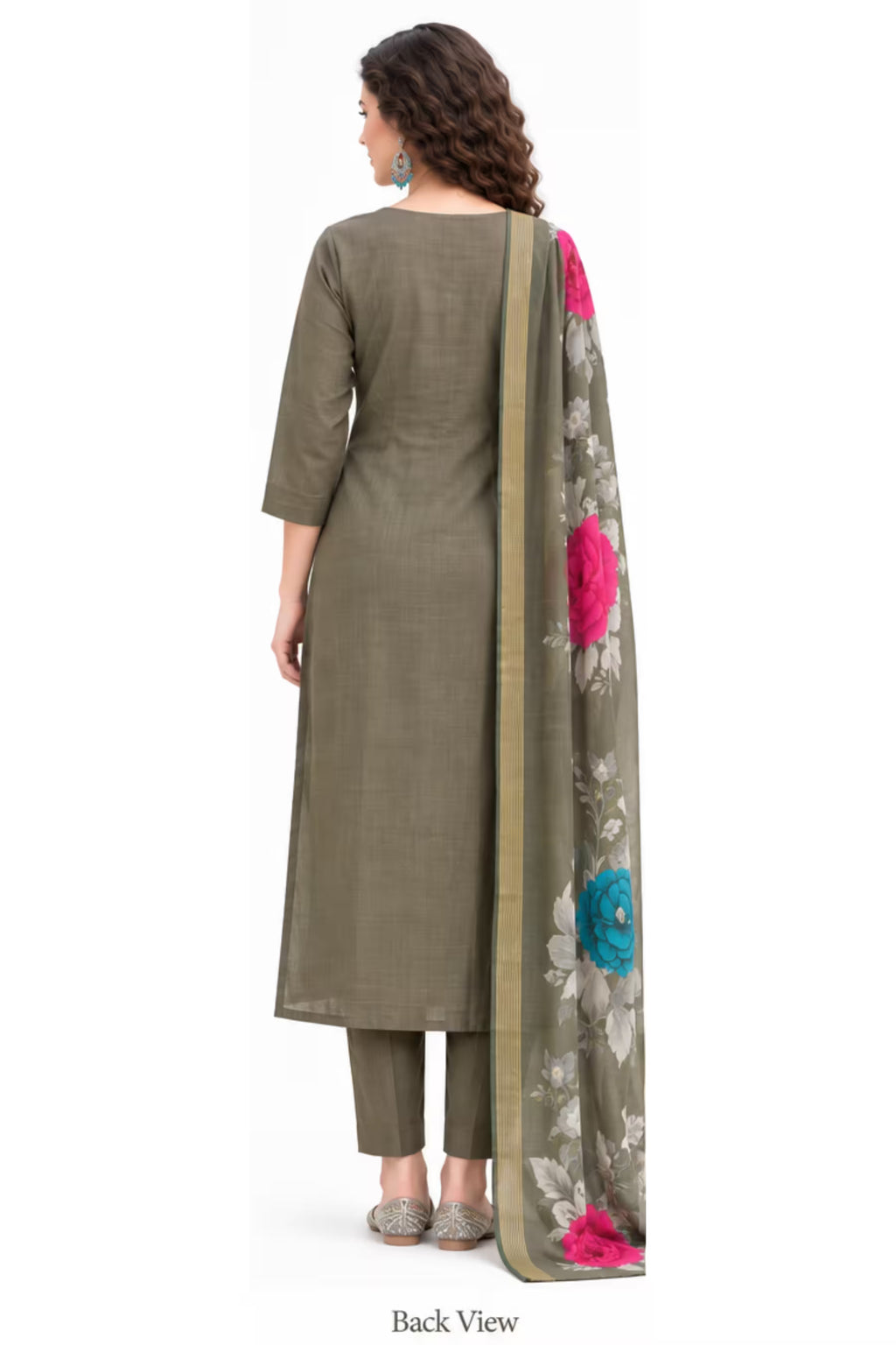 Mushroom Brown Embroidered Vertican Silk Kurta Pant Set with Digital Dupatta