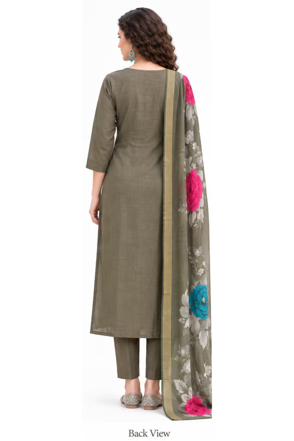 Mushroom Brown Embroidered Vertican Silk Kurta Pant Set with Digital Dupatta