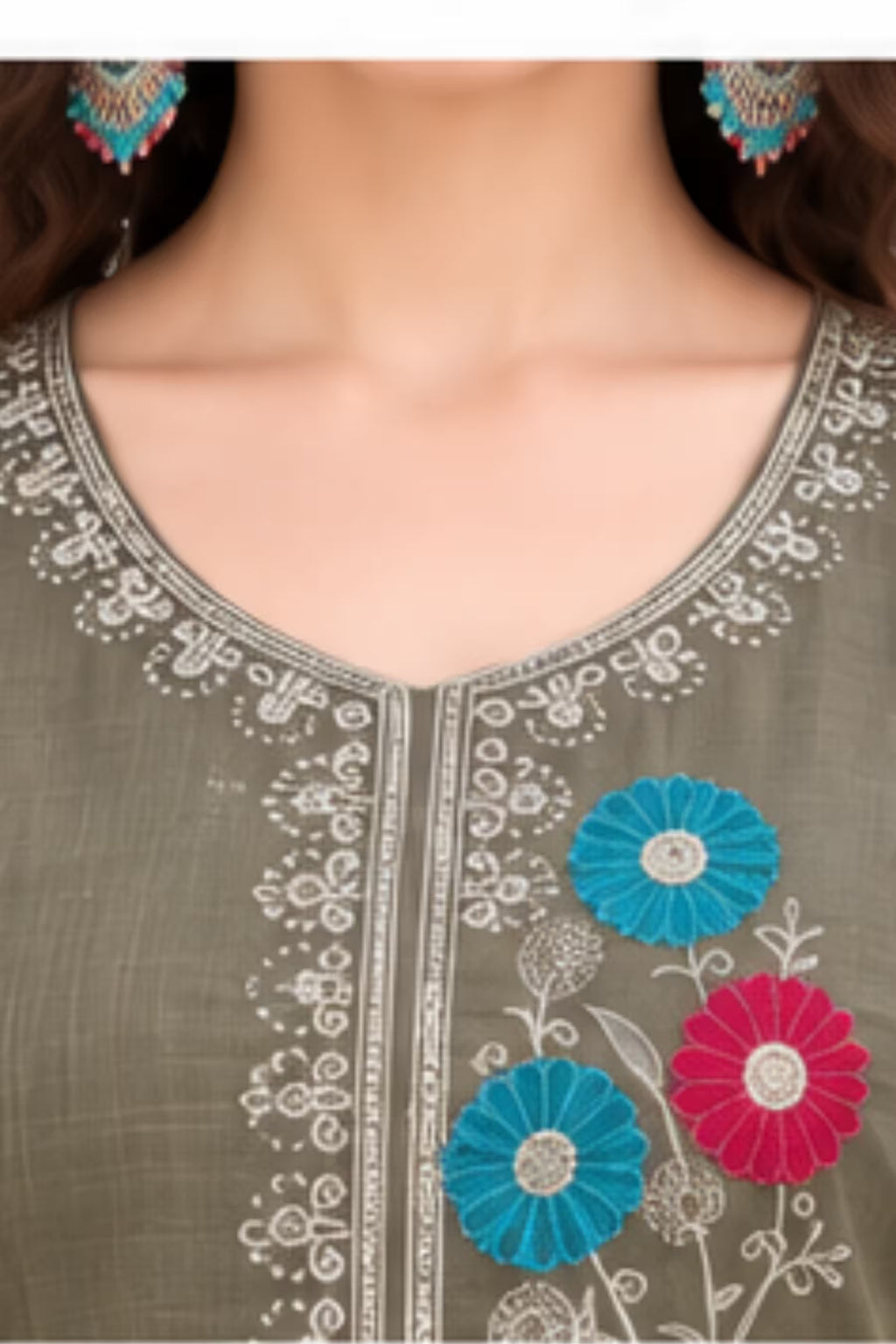 Mushroom Brown Embroidered Vertican Silk Kurta Pant Set with Digital Dupatta