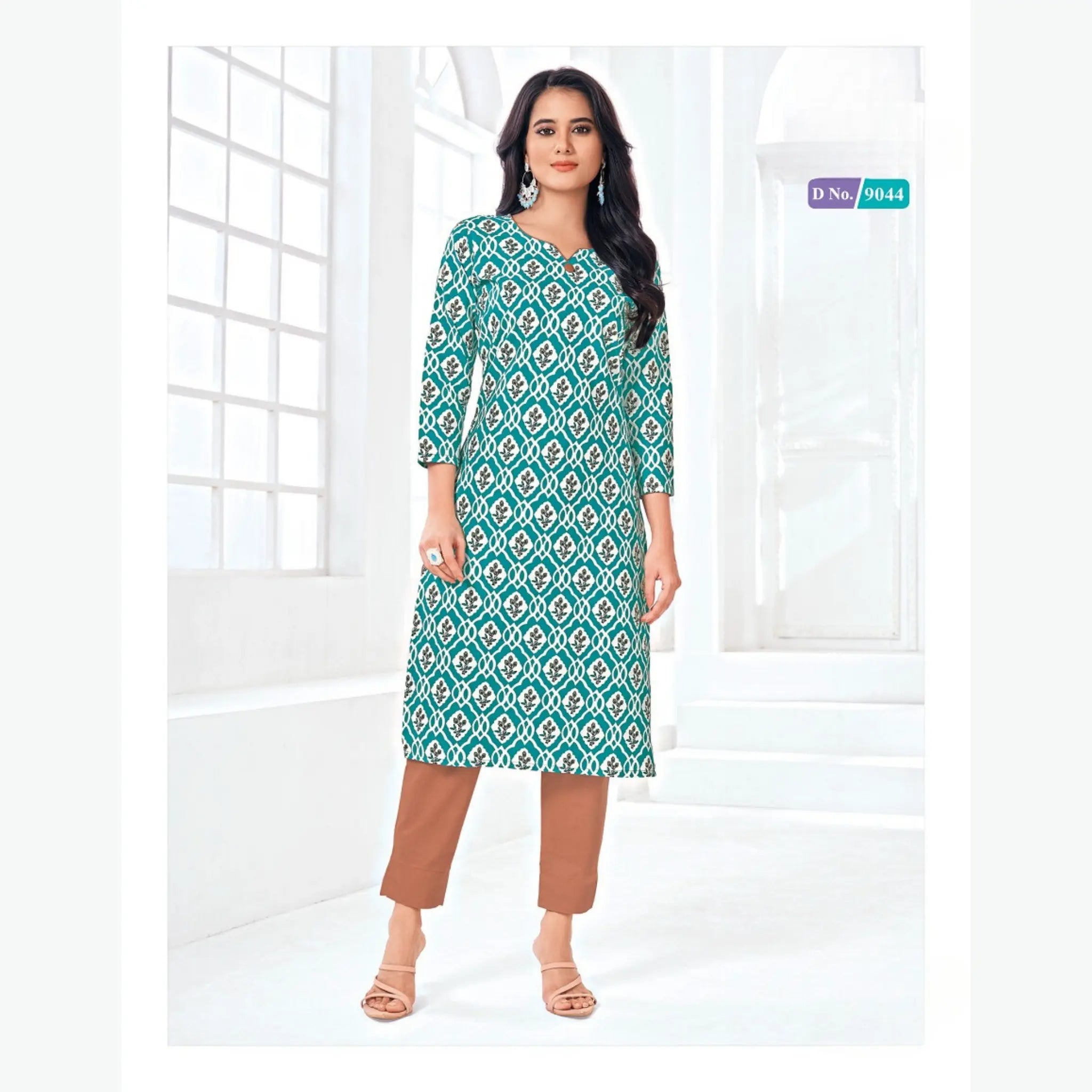 Teal Blue Floral Butta Print Cotton Kurti | Ethnic and Stylish