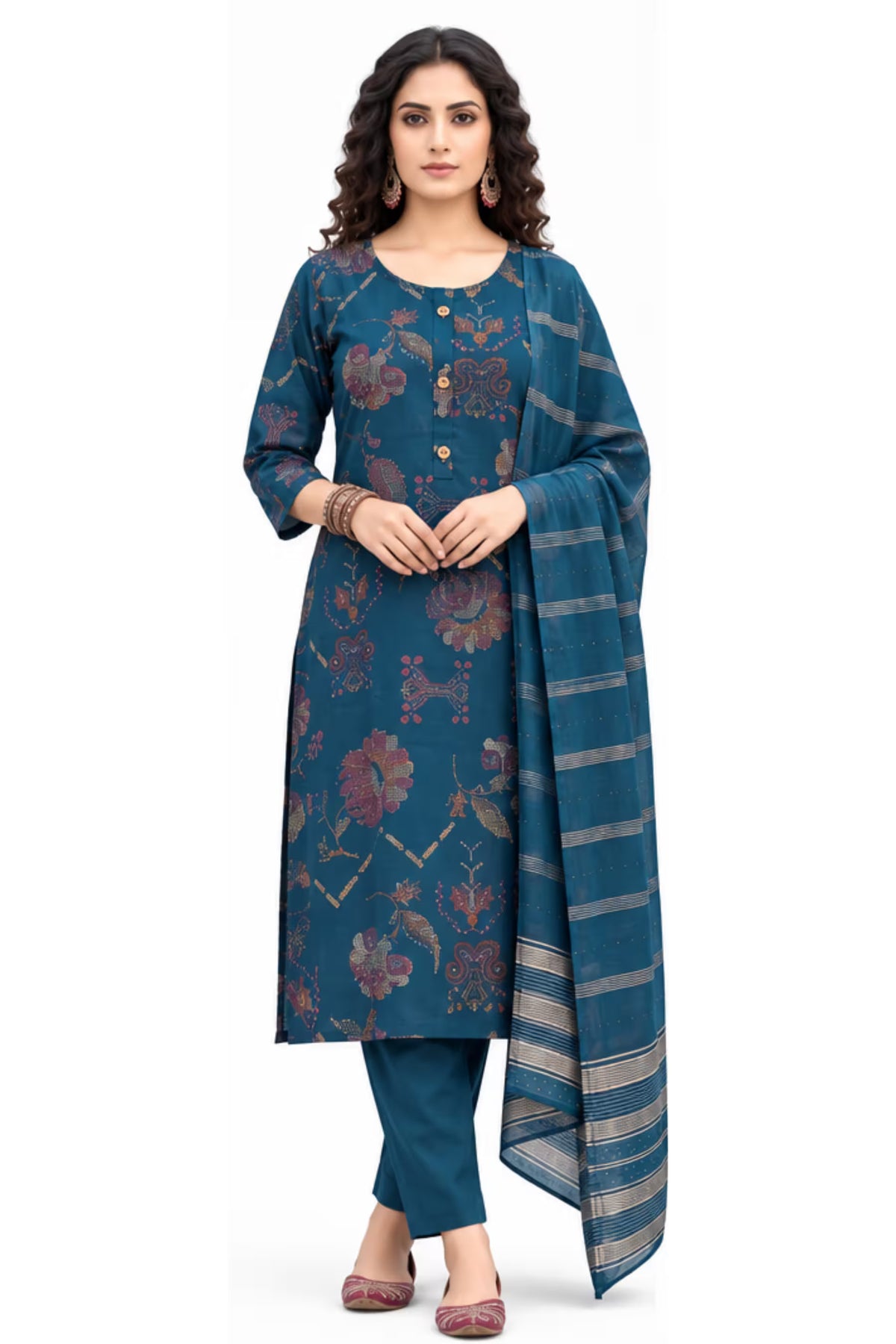 Teal Blue Floral Printed Kurta Pant Set with Striped Dupatta for Women | Bavis Clothing