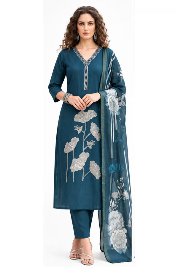 Teal Blue Embroidered Vertican Silk Kurta Pant Dupatta Set for Women | Bavis Clothing