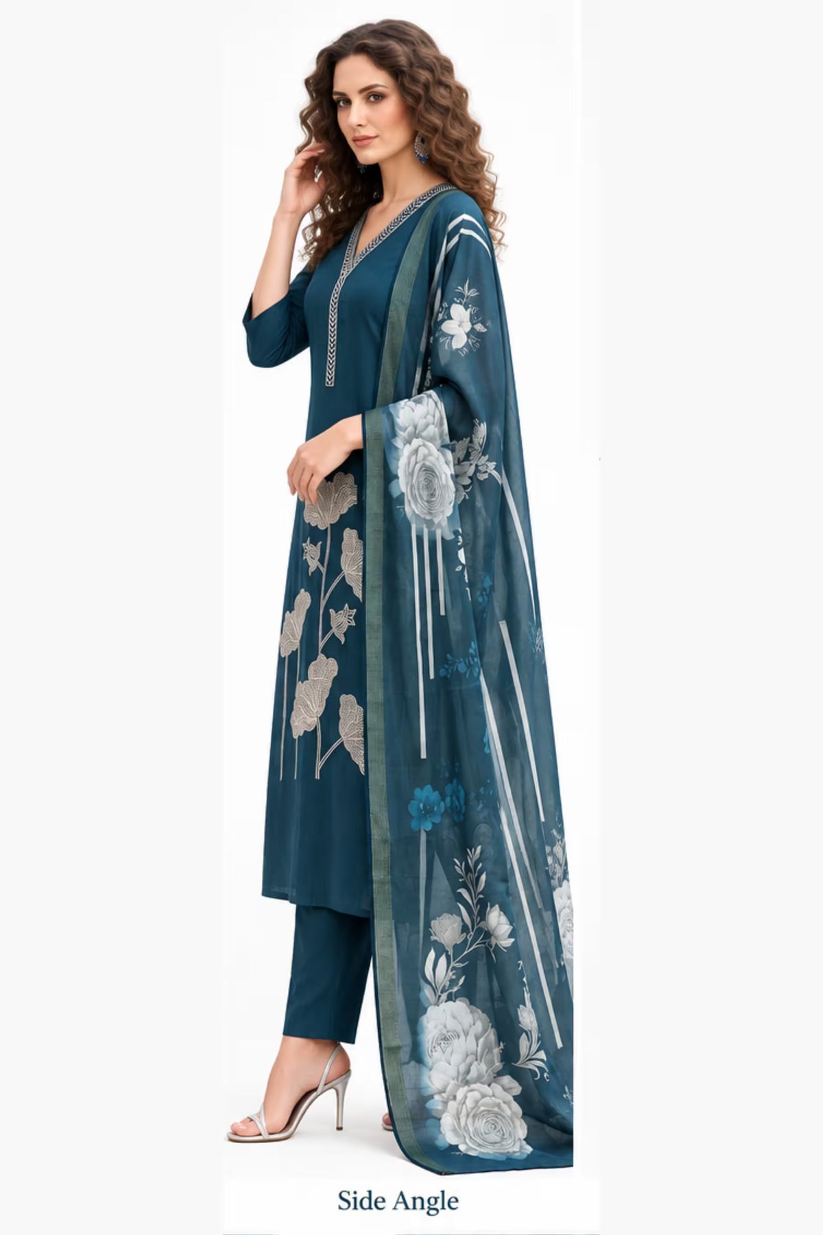 Side View - Teal Blue Embroidered Vertican Silk Kurta Pant Dupatta Set for Women | Bavis Clothing