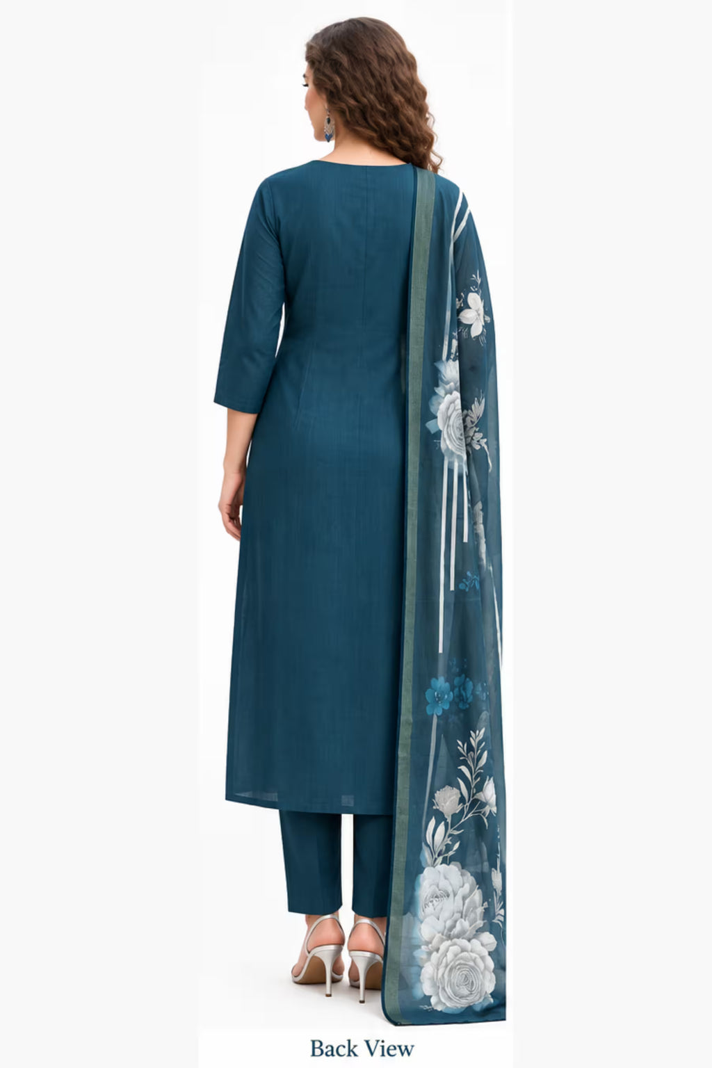 Back View - Teal Blue Embroidered Vertican Silk Kurta Pant Dupatta Set for Women | Bavis Clothing