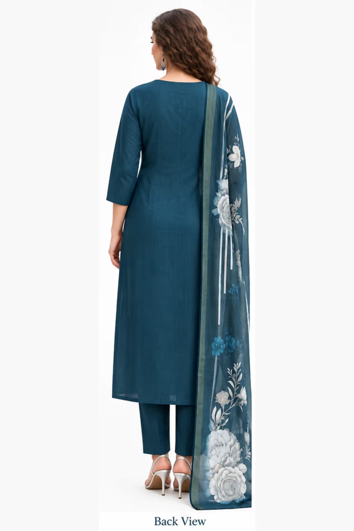 Back View - Teal Blue Embroidered Vertican Silk Kurta Pant Dupatta Set for Women | Bavis Clothing
