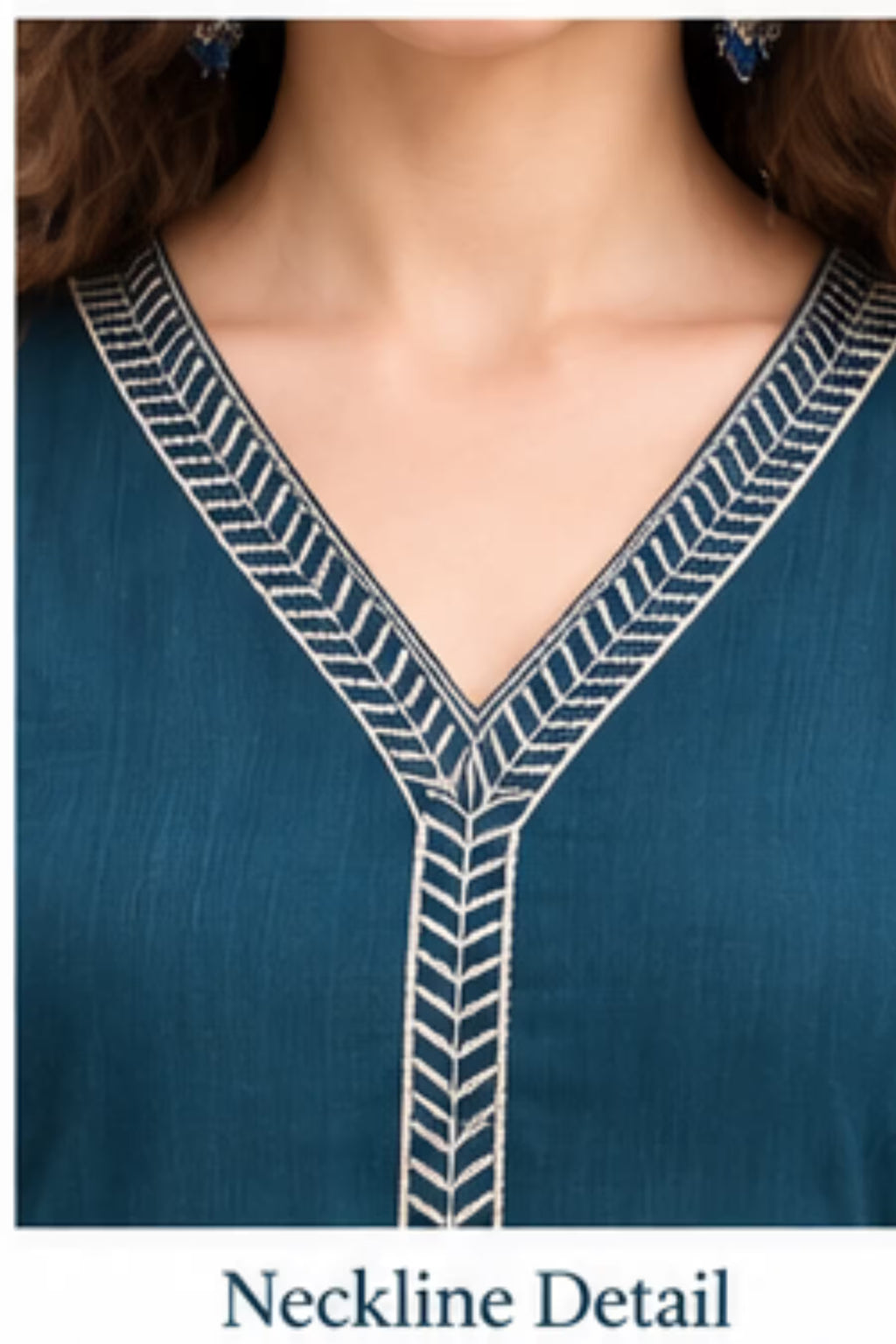 Neckline Detail - Teal Blue Embroidered Vertican Silk Kurta Pant Dupatta Set for Women | Bavis Clothing