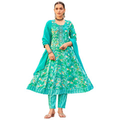 Teal Floral Printed Anarkali Suit with Detailed Neck Work & Dupatta
