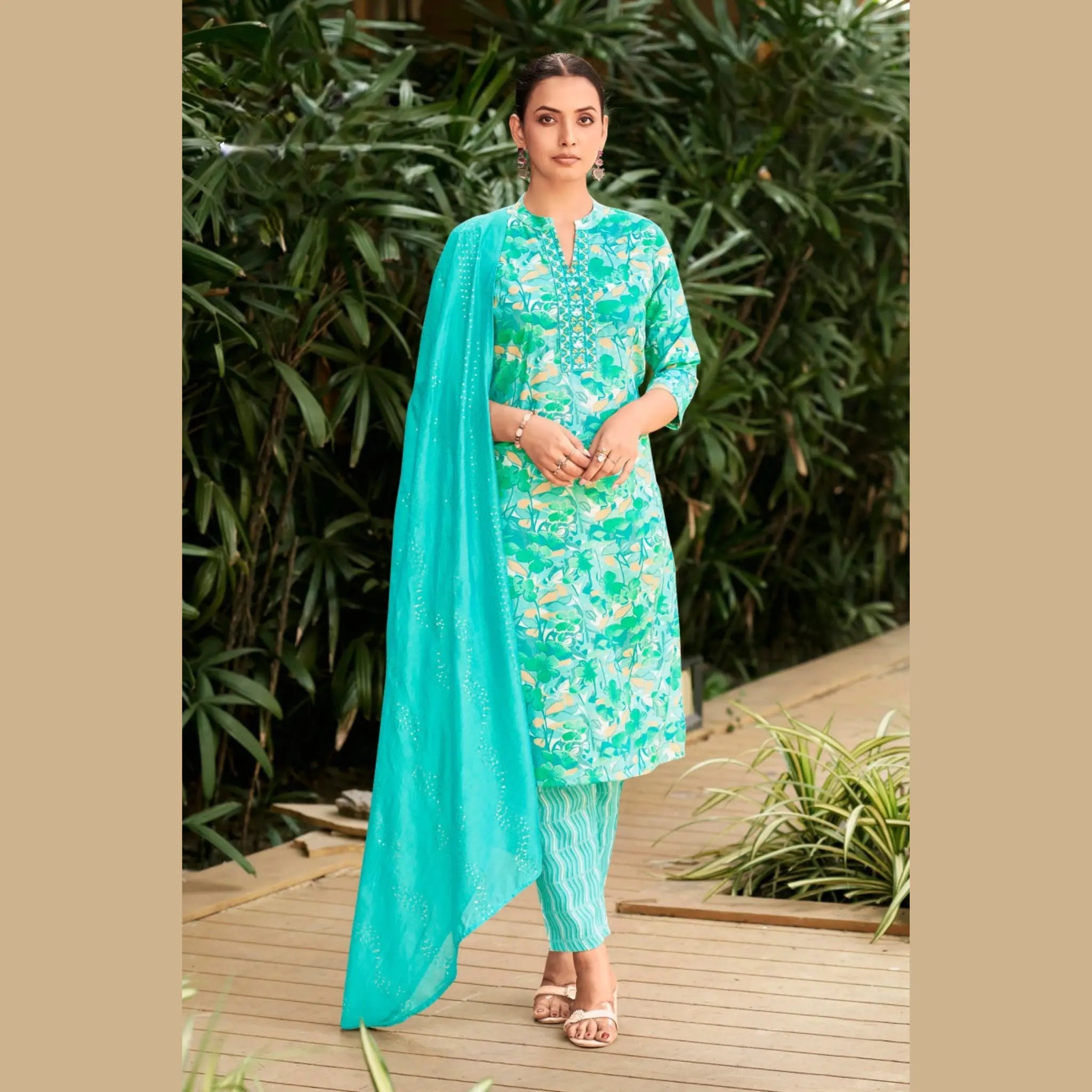 Teal Floral Printed Salwar Suit with Detailed Neck Work & Seqence Work Dupatta   - Rashmika - GR263 Main image
