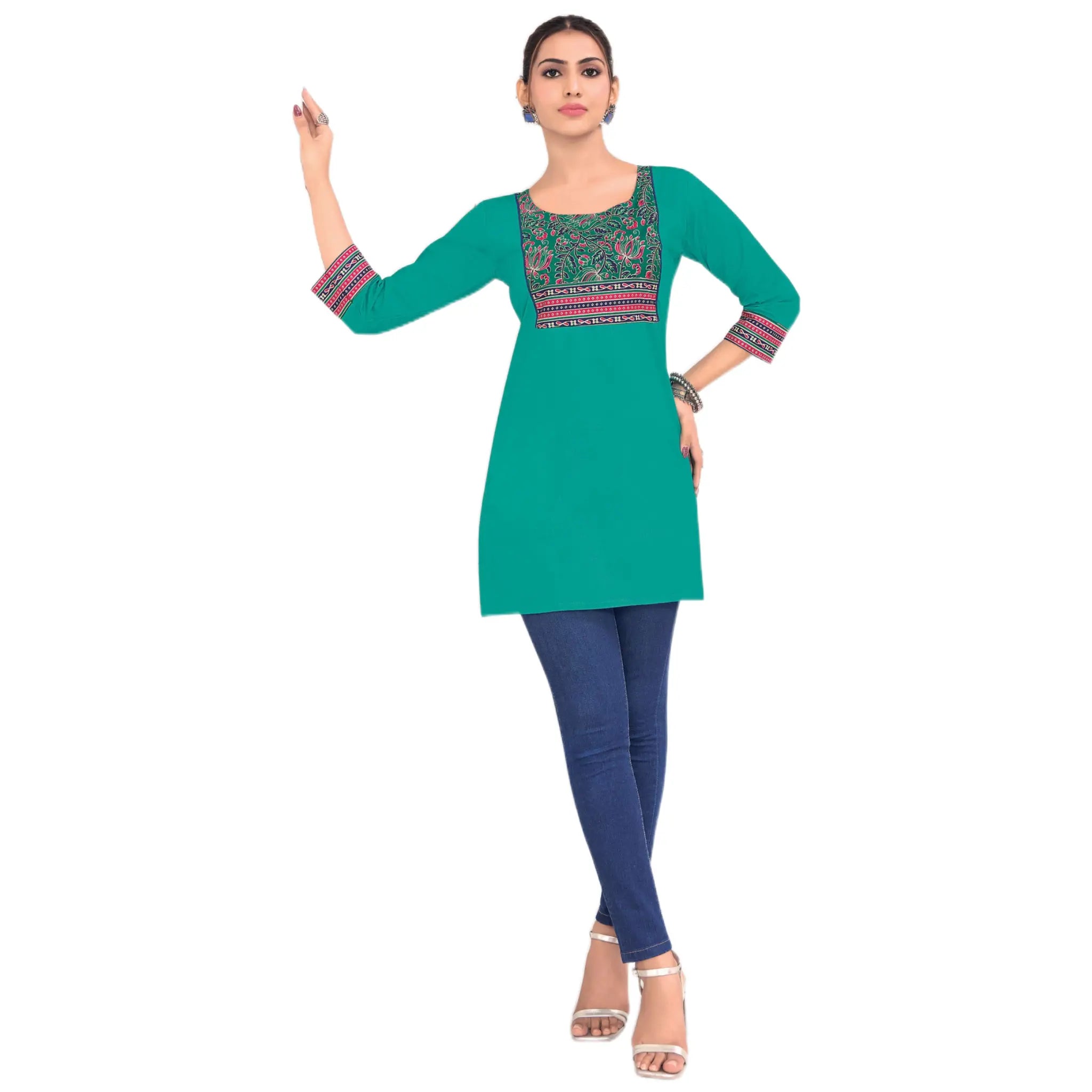 Teal Green Cotton Short Top with Floral Ethnic Yoke Print Main image