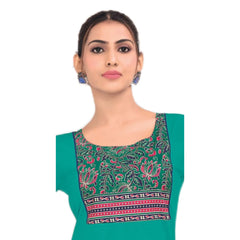 Teal Green Cotton Short Top with Floral Ethnic Yoke Print