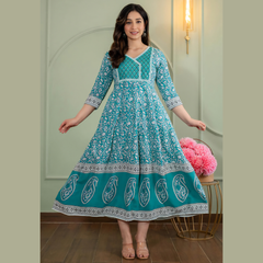 Teal Green Ethnic Printed Anarkali Kurti for Women _ All-Over Traditional Prints