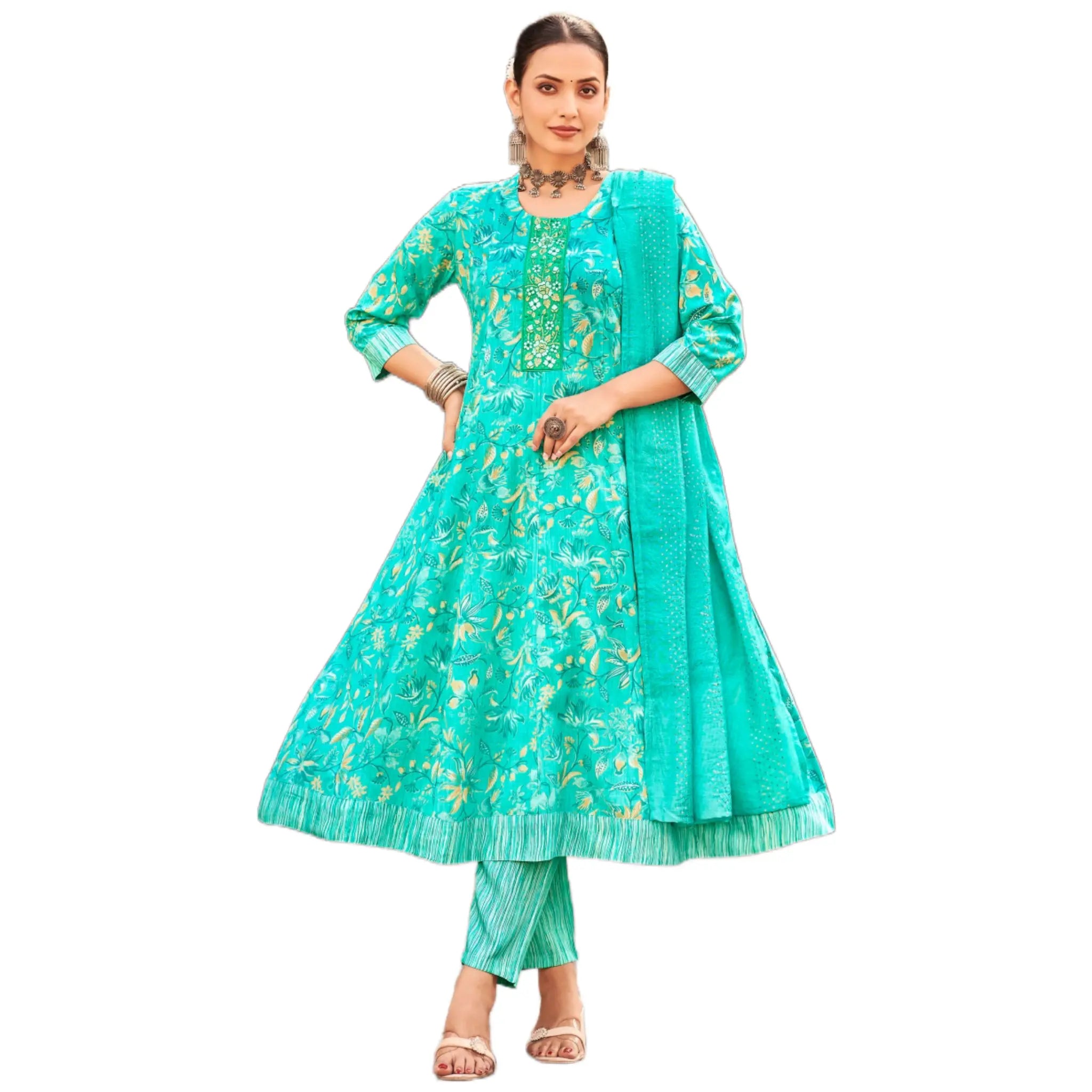 Teal Green Floral Anarkali Suit with Embellished Neck Panel & Dupatta