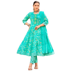 Teal Green Floral Anarkali Suit with Embellished Neck Panel & Dupatta