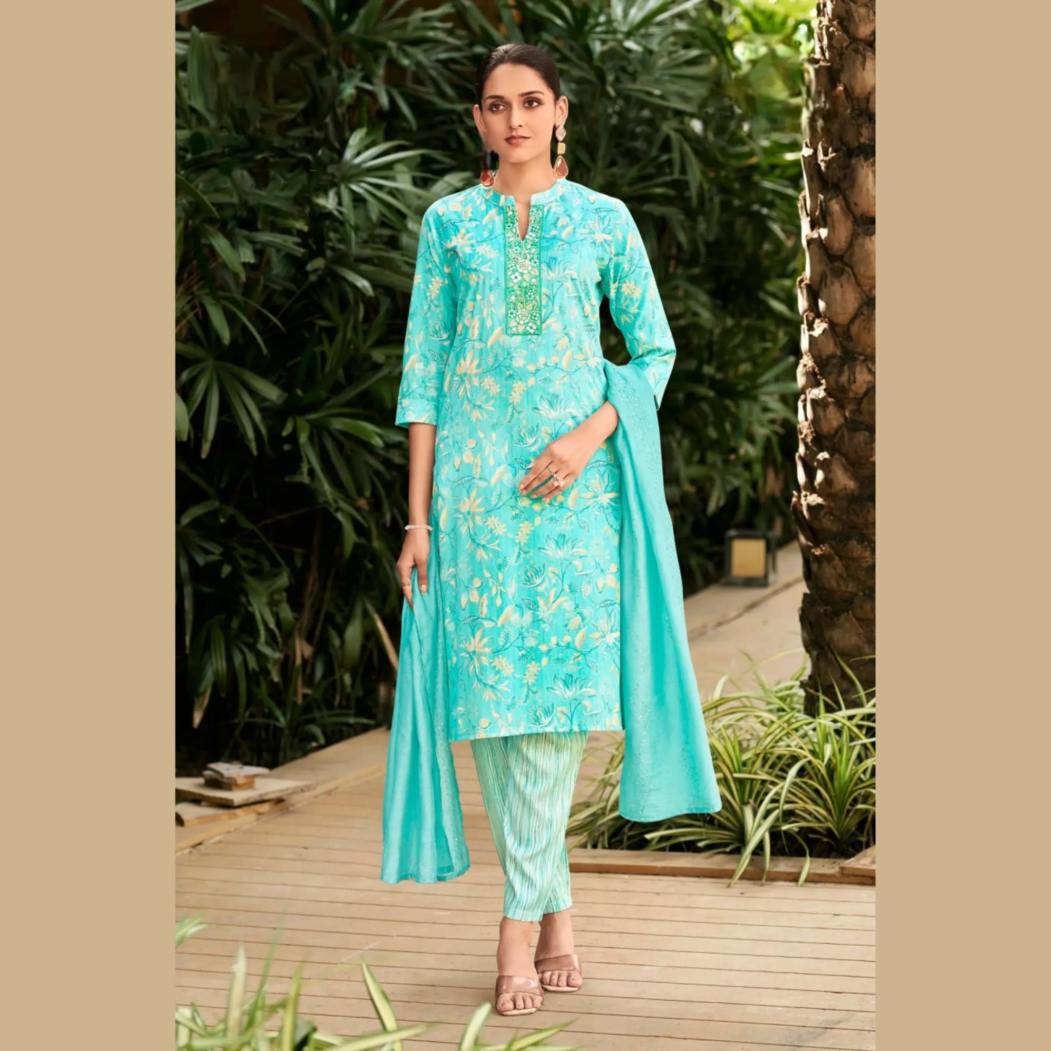 Teal Green Floral Salwar Suit with Embellished Neck Panel & Sequence Work Dupatta - Rashmika - GR266