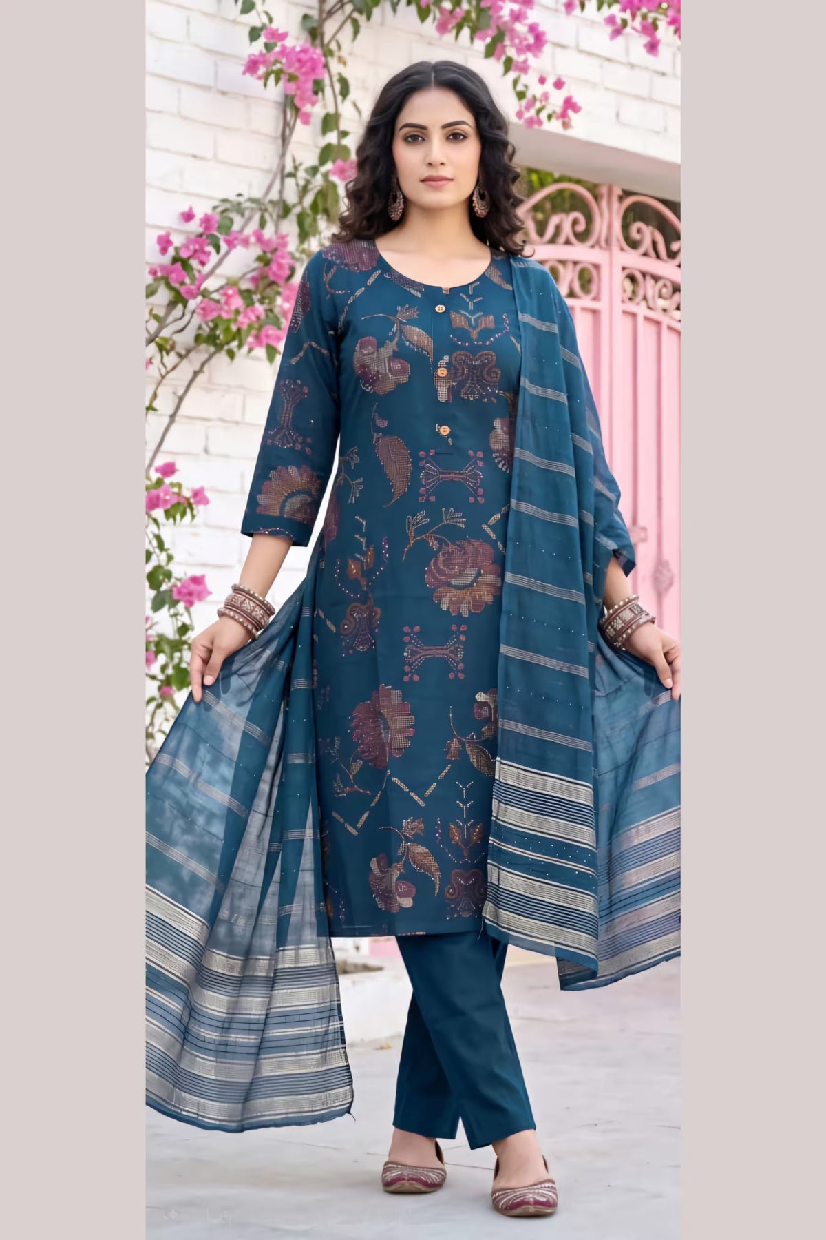 Teal Blue Floral Printed Kurta Pant Set with Striped Dupatta for Women | Bavis Clothing Main image