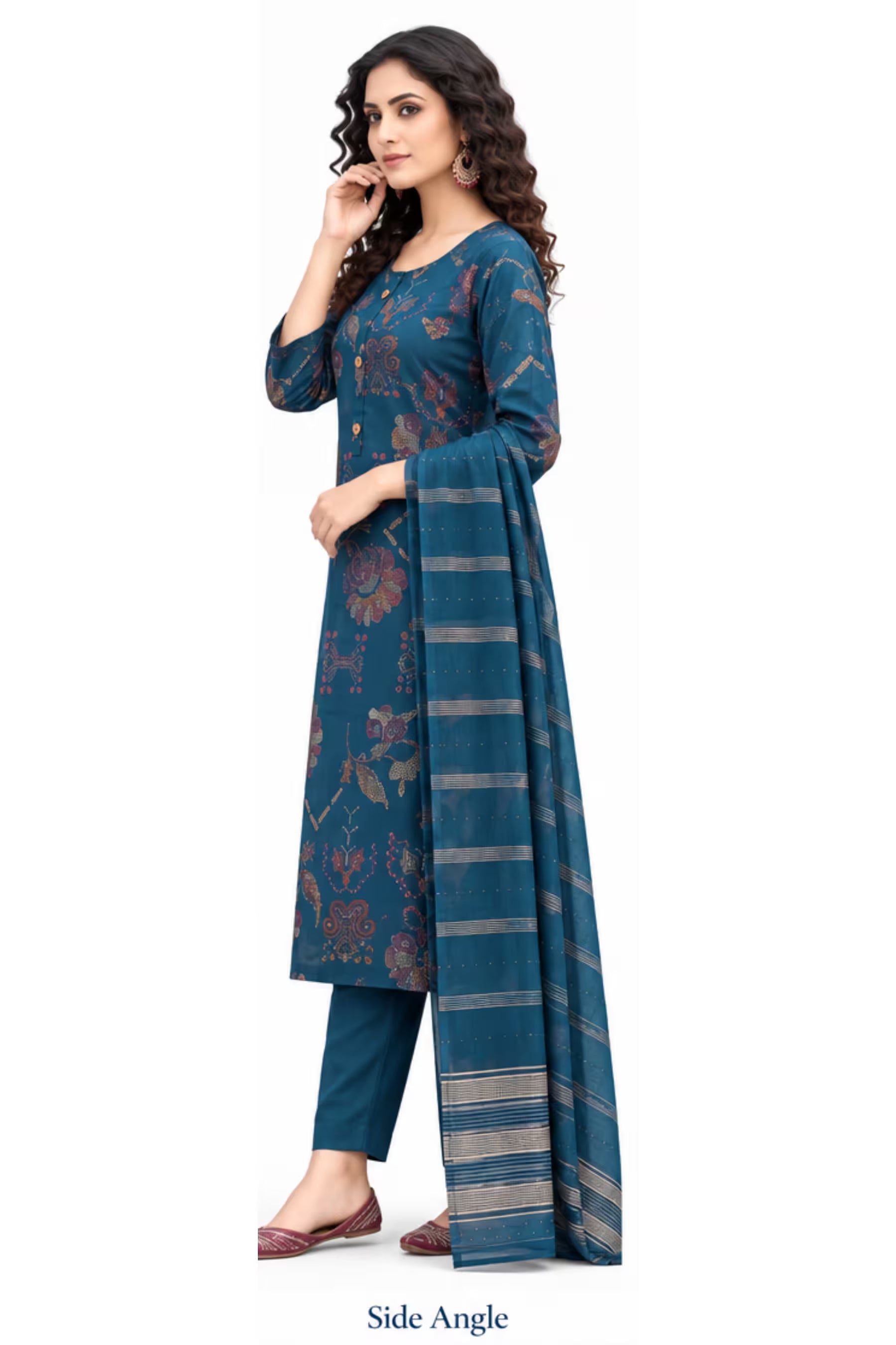 Teal Blue Floral Printed Kurta Pant Set with Striped Dupatta for Women Secondary image