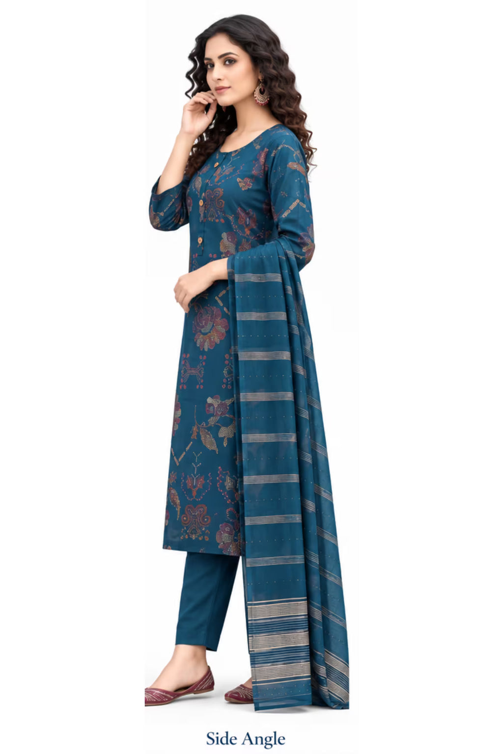 Side Angle - Teal Blue Floral Printed Kurta Pant Set with Striped Dupatta for Women