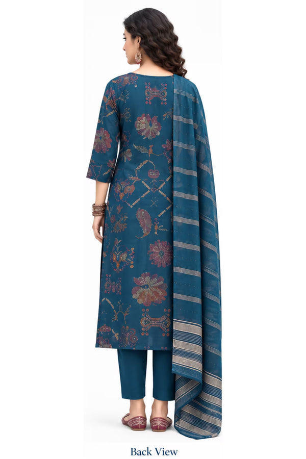 Back View - Teal Blue Floral Printed Kurta Pant Set with Striped Dupatta for Women | Bavis Clothing