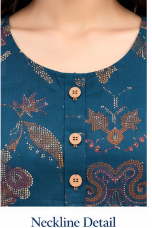 Neckline Detail - Teal Blue Floral Printed Kurta Pant Set with Striped Dupatta for Women | Bavis Clothing