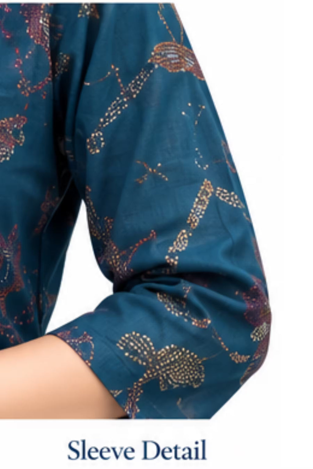 Sleeve Detail - Teal Blue Floral Printed Kurta Pant Set with Striped Dupatta for Women | Bavis Clothing