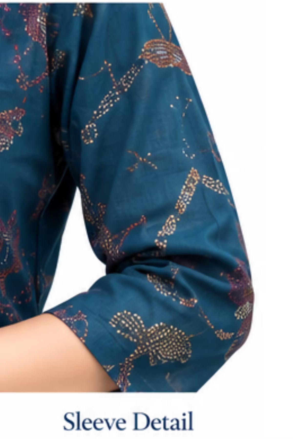 Sleeve Detail - Teal Blue Floral Printed Kurta Pant Set with Striped Dupatta for Women | Bavis Clothing