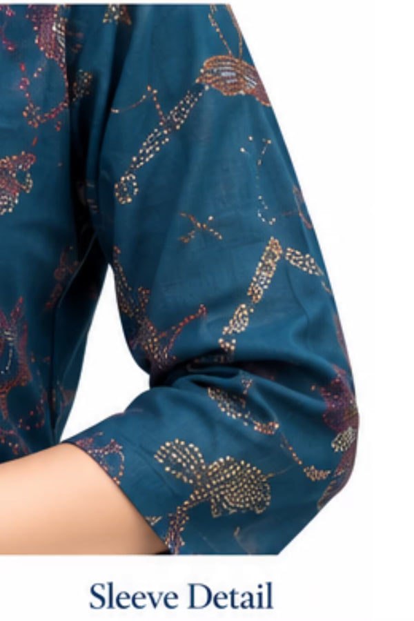 Sleeve Detail - Teal Blue Floral Printed Kurta Pant Set with Striped Dupatta for Women | Bavis Clothing
