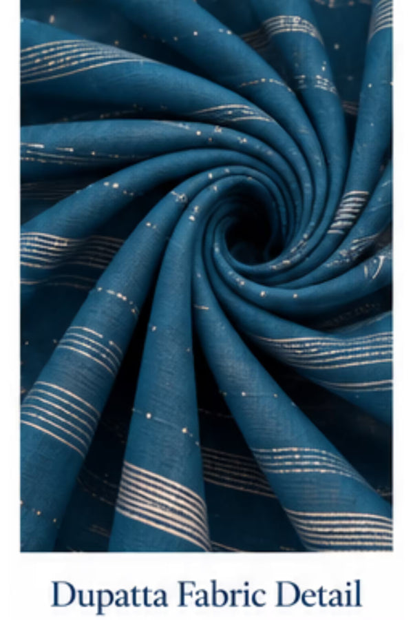 Dupatta Fabric Detail - Teal Blue Floral Printed Kurta Pant Set with Striped Dupatta for Women | Bavis Clothing