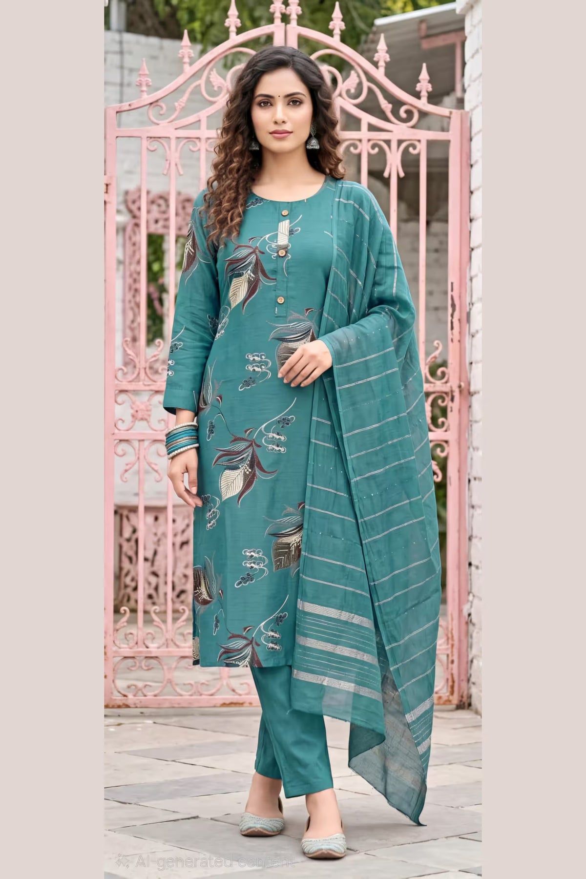 Teal Blue Leaf Print Kurta Pant Set with Striped Dupatta for Women | Bavis Clothing Main image