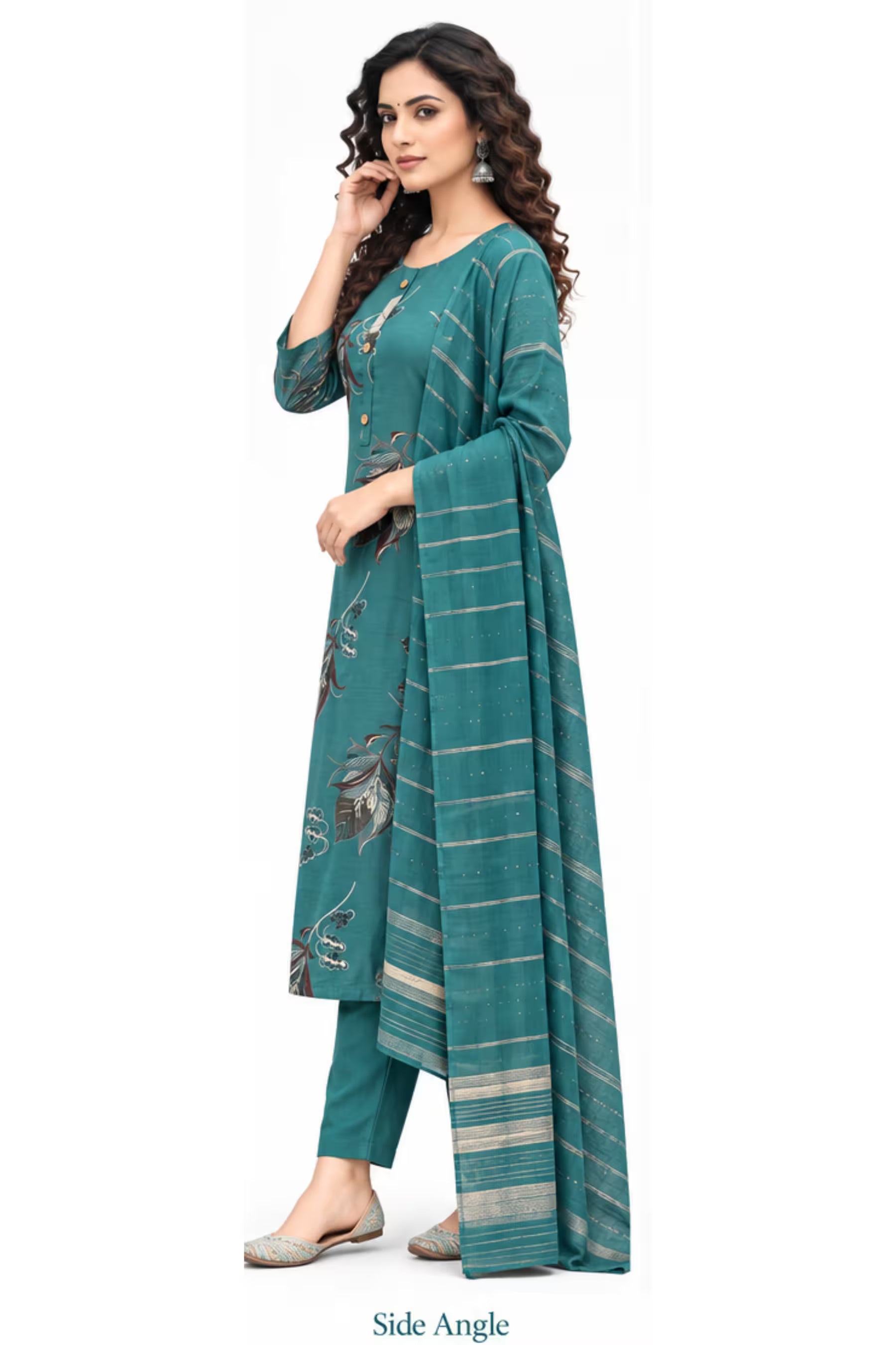 Teal Blue Leaf Print Kurta Pant Set with Striped Dupatta for Women Secondary image