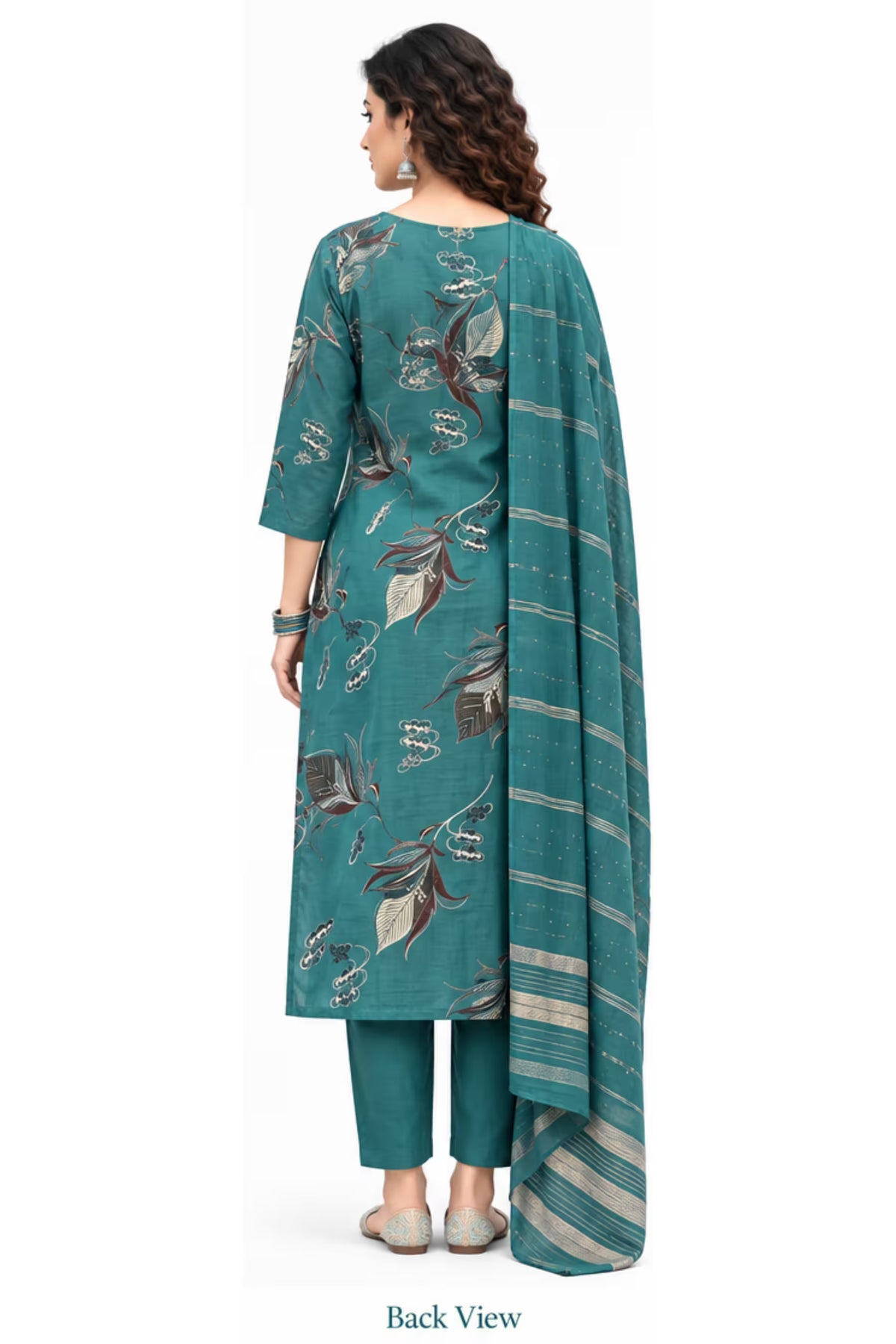 Back View - Teal Blue Leaf Print Kurta Pant Set with Striped Dupatta for Women | Bavis Clothing