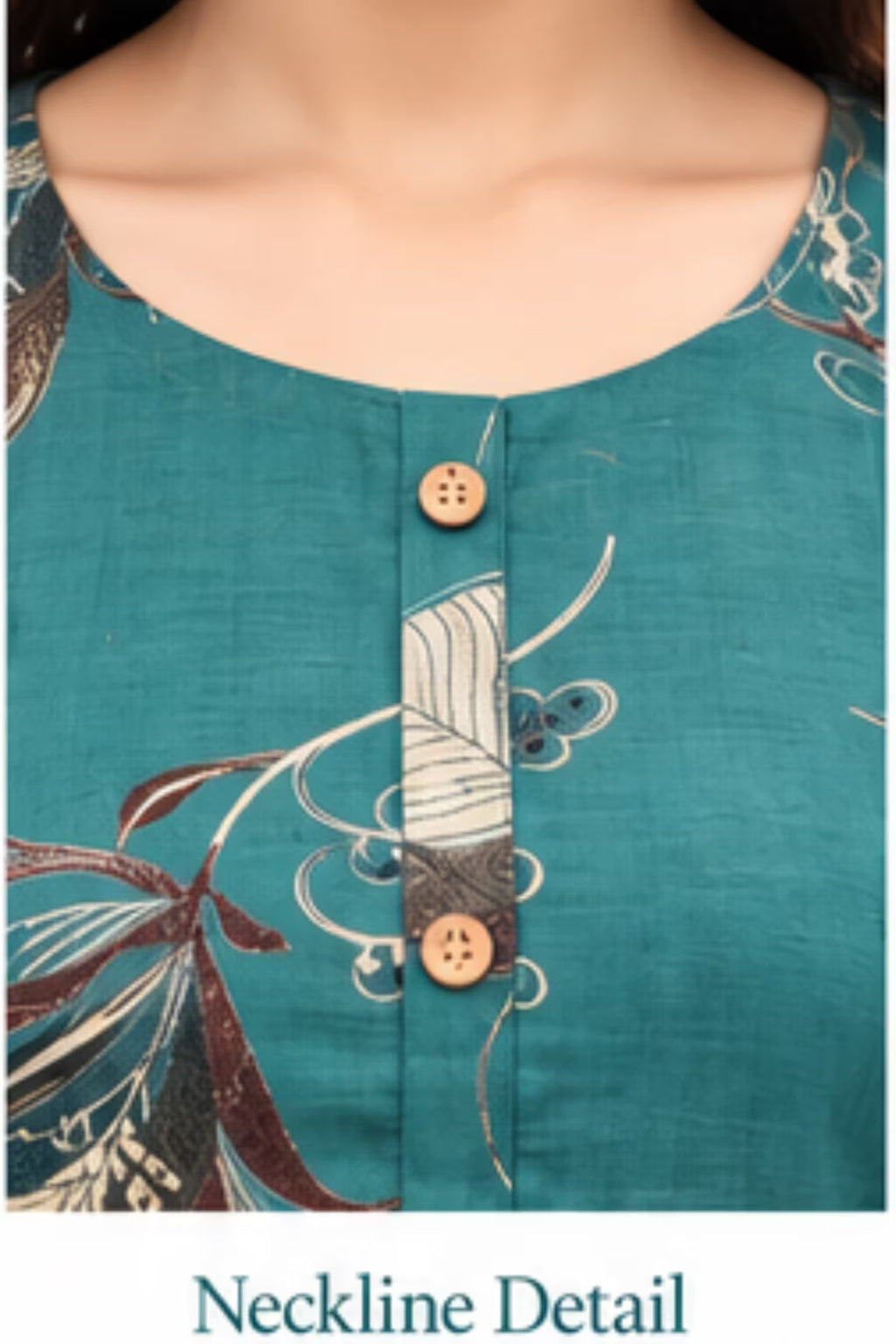 Neckline Detail - Teal Blue Leaf Print Kurta Pant Set with Striped Dupatta for Women | Bavis Clothing