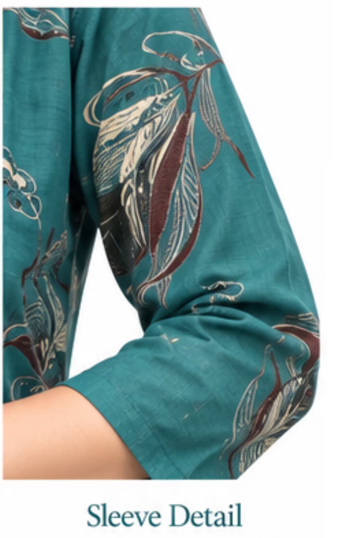 Sleeve Detail - Teal Blue Leaf Print Kurta Pant Set with Striped Dupatta for Women | Bavis Clothing