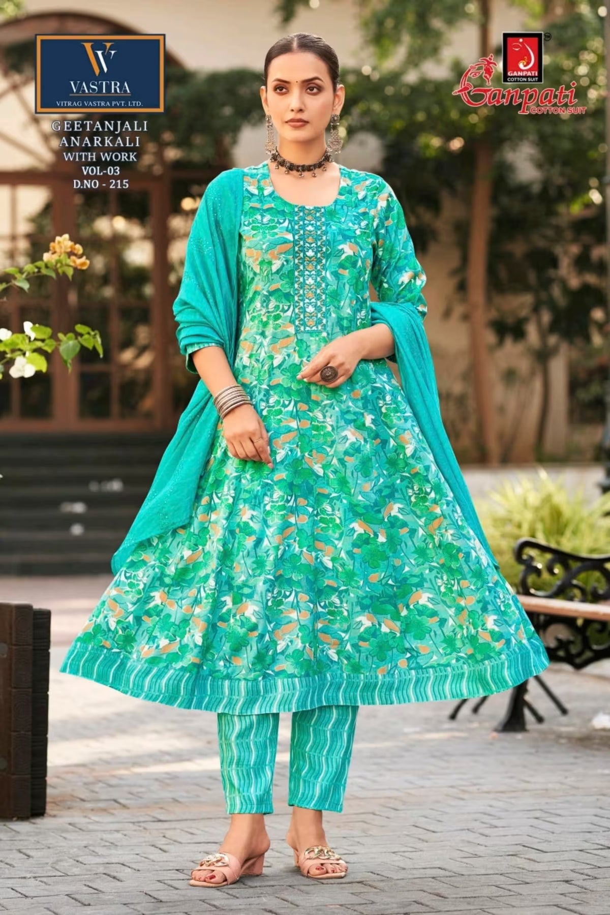 Teal Floral Printed Anarkali Suit with Detailed Neck Work & Sequence Work Dupatta - Ganpati Geetanjali - GG215 | Bavis Clothing