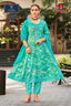 Teal Floral Printed Anarkali Suit with Detailed Neck Work & Sequence Work Dupatta - Ganpati Geetanjali - GG215 | Bavis Clothing