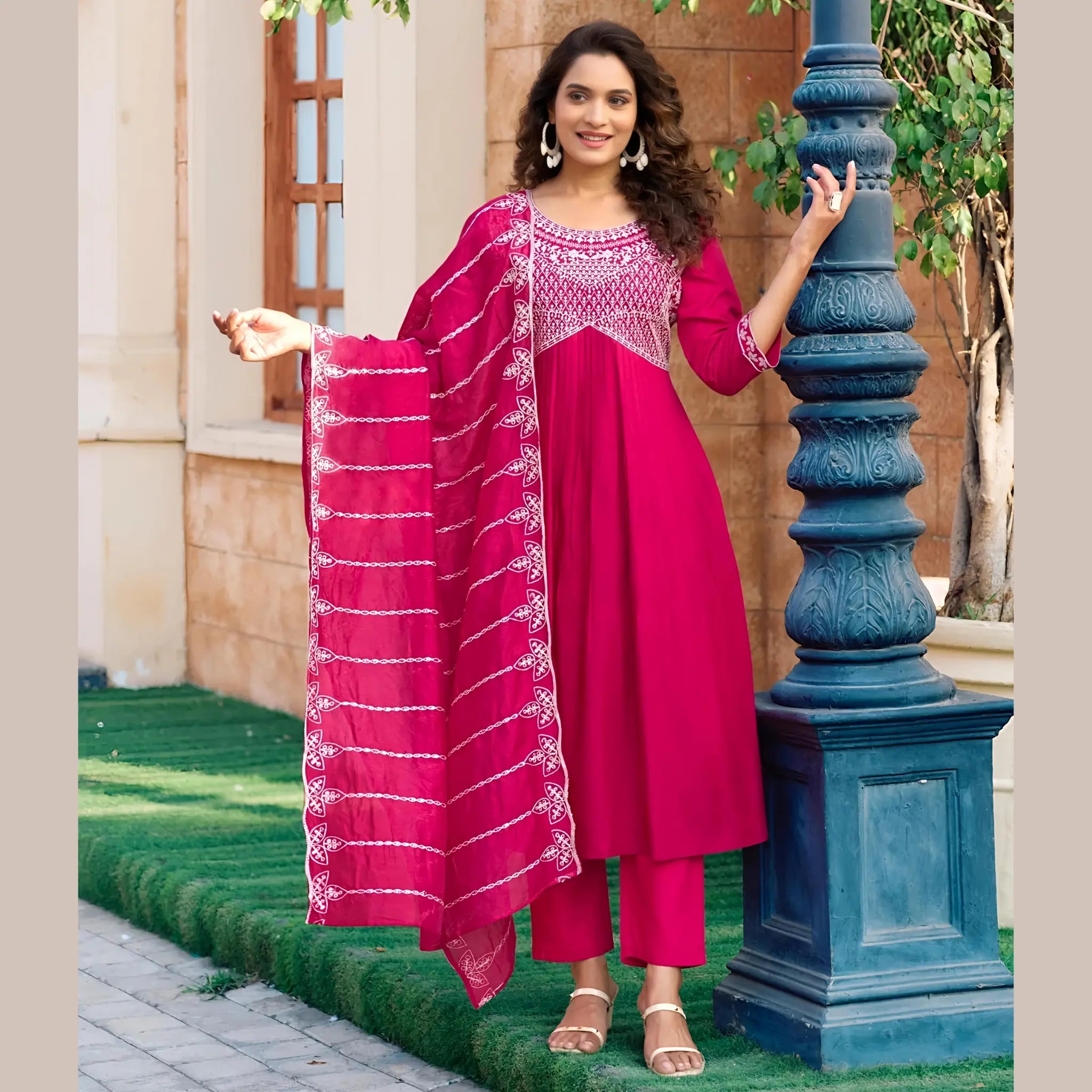 Three-Piece Embroidered Viscose Ethnic Wear – Kurta, Interlocked Pants & Chanderi Dupatta - MG1006 Main image