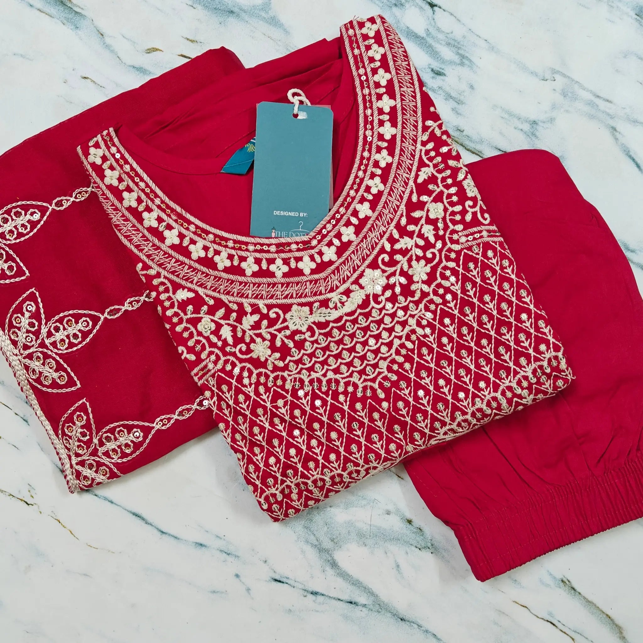 Three-Piece Embroidered Viscose Ethnic Wear – Kurta, Interlocked Pants & Chanderi Dupatta - MG1006