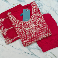 Three-Piece Embroidered Viscose Ethnic Wear – Kurta, Interlocked Pants & Chanderi Dupatta - MG1006