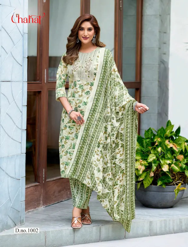 Trendy Green Floral Straight Suit Set for Women Main image