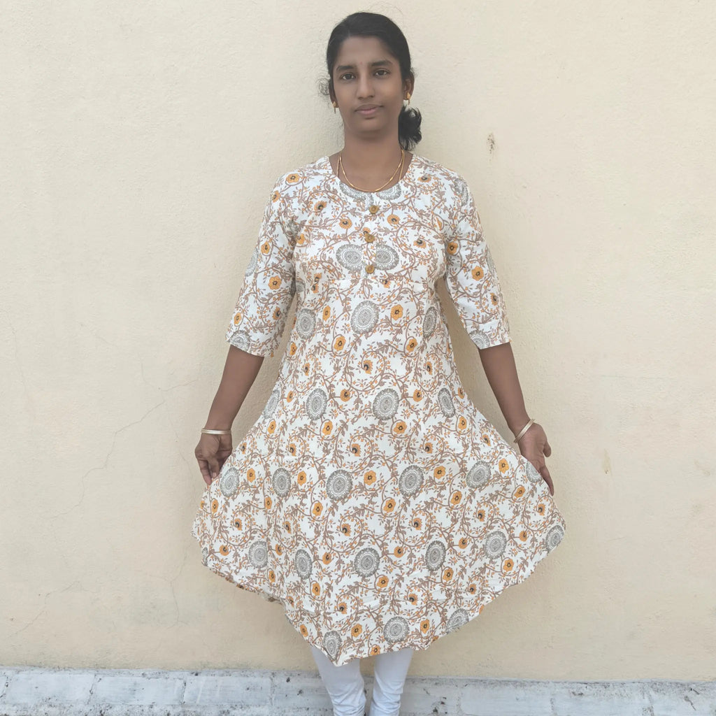 Two Tone  Mustard Yellow Flora Digital Print Long Ghera Kurti