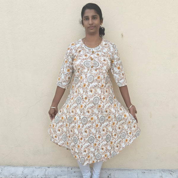 Two Tone  Mustard Yellow Flora Digital Print Long Ghera Kurti
