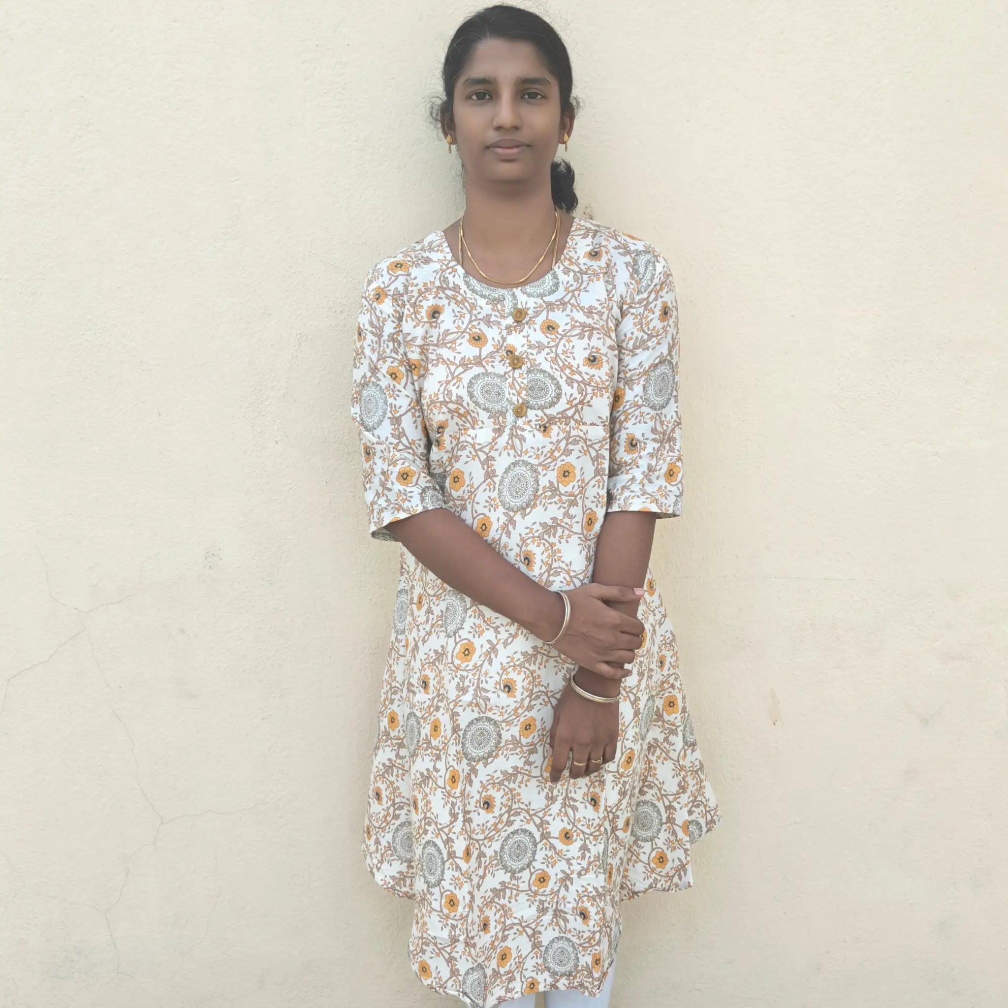 Two Tone  Mustard Yellow Flora Digital Print Long Ghera Kurti
