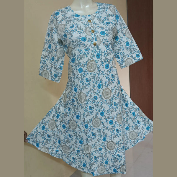Two Tone  Blue Floral Digital Print Long Ghera Kurti