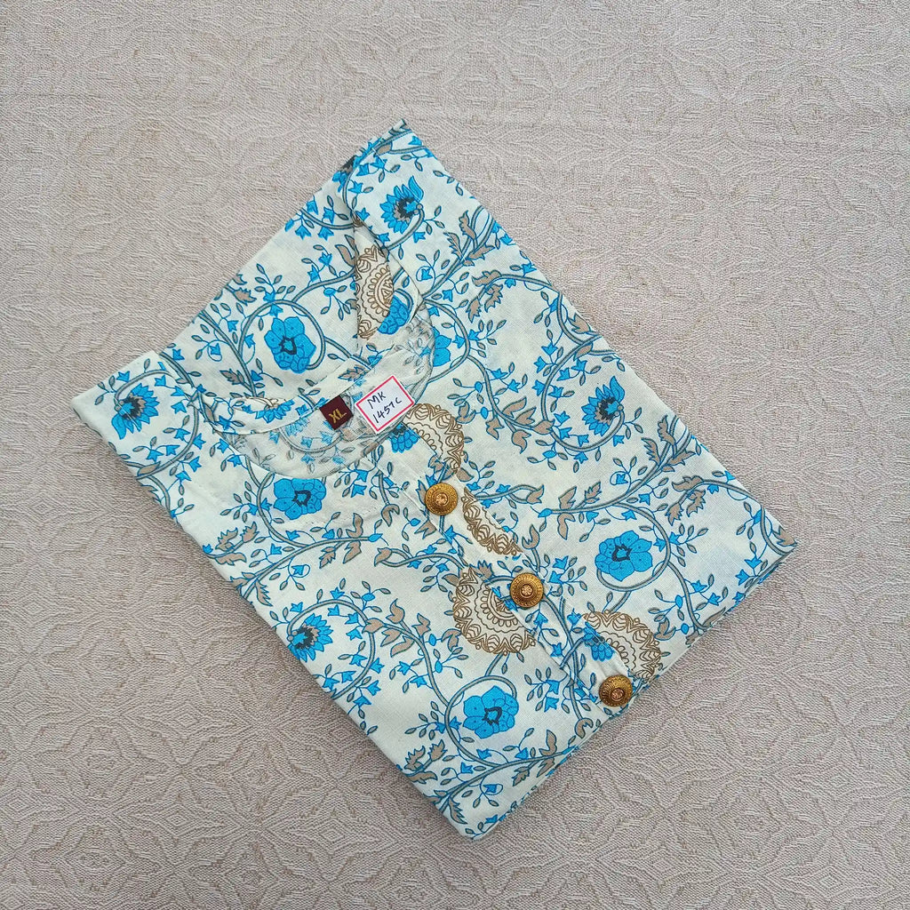 Two Tone  Blue Floral Digital Print Long Ghera Kurti