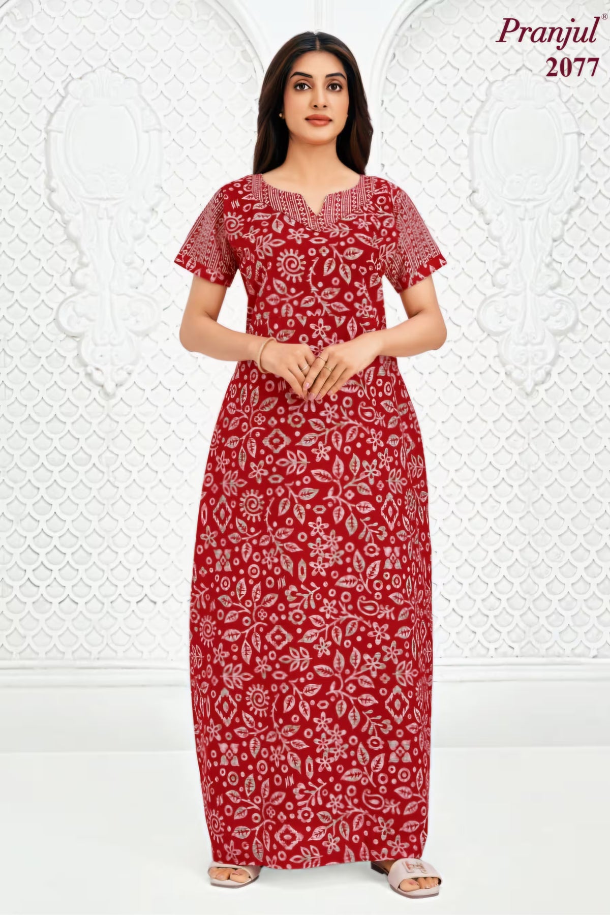 Pranjul 2077 Cotton Nighty for Women – Red Floral Printed Nightdress| Bavis Clothing Main image