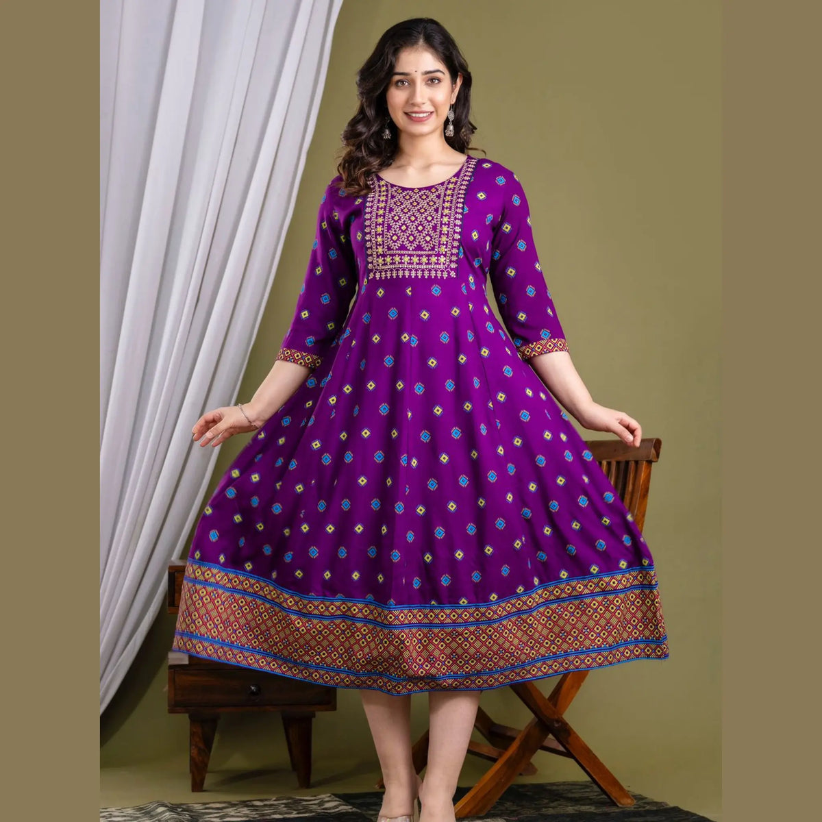 Violet Butta Print Full Flared Kurti