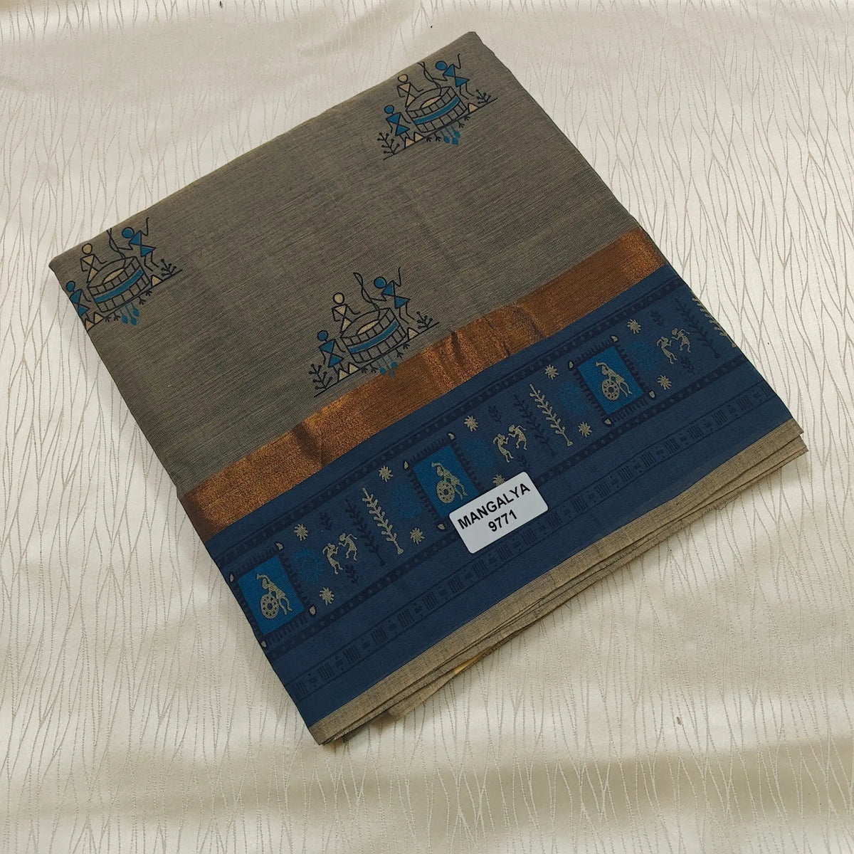Warli Printed Cotton Sarees with Zari Border - Mangalya 9771C