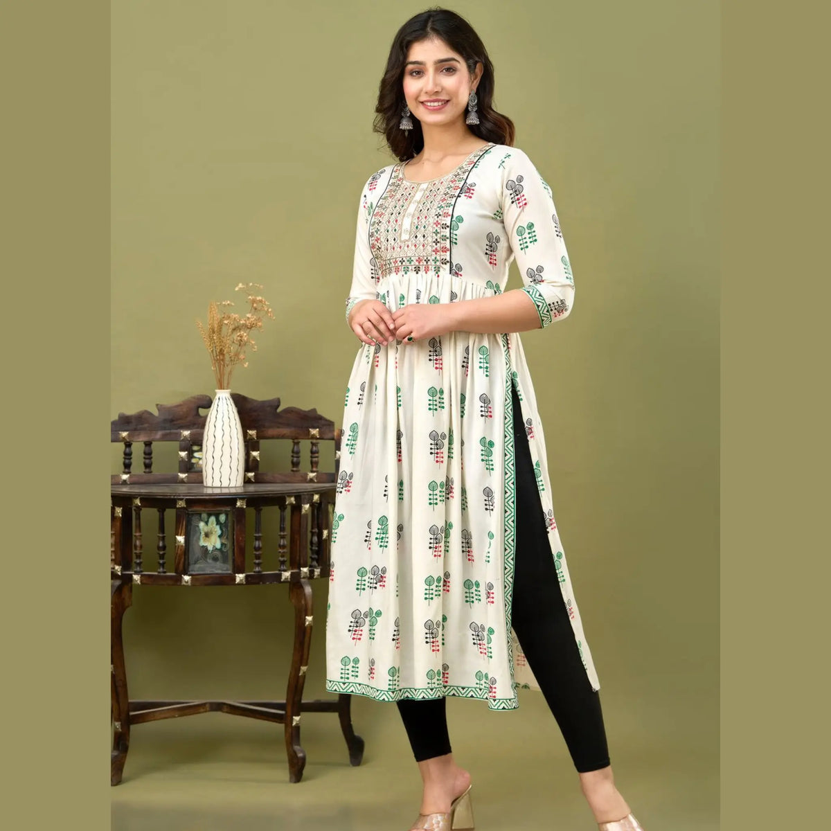 White Block Print Nayra Cut Kurti 425A