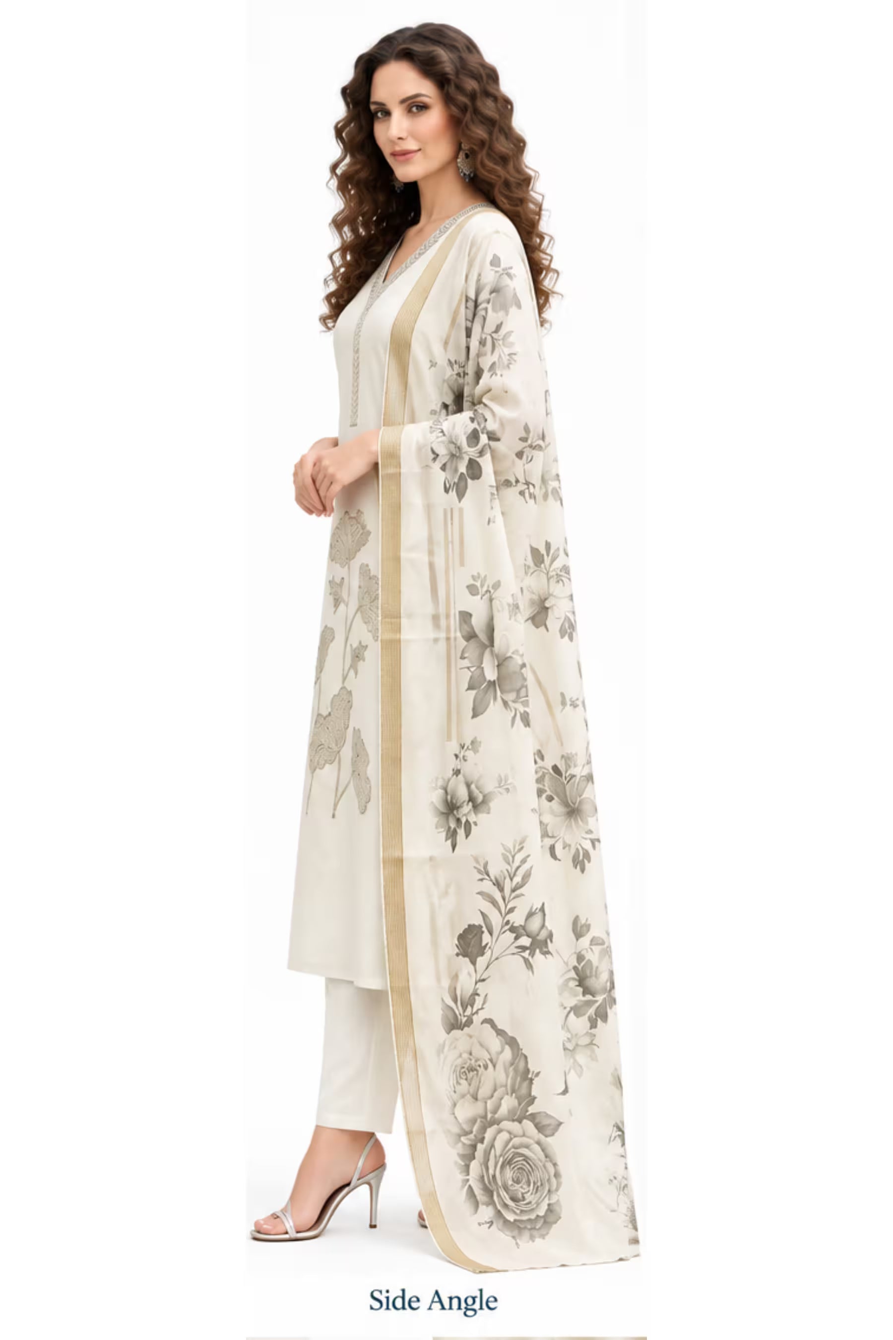 White Embroidered Vertican Silk Kurta Pant Dupatta Set for Women Secondary image