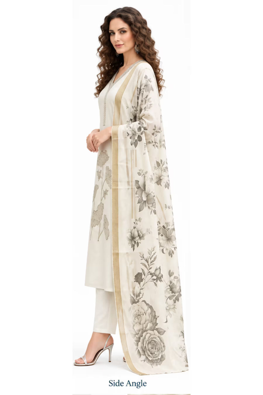 Side View - White Embroidered Vertican Silk Kurta Pant Dupatta Set for Women | Bavis Clothing